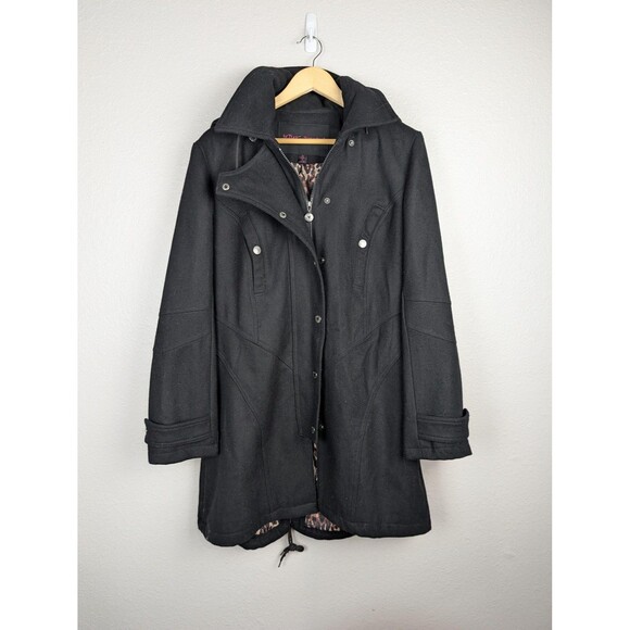 Betsey Johnson Coat Womens 14 Black Hooded Wool Blend Parka Animal Print Lined - Picture 1 of 10